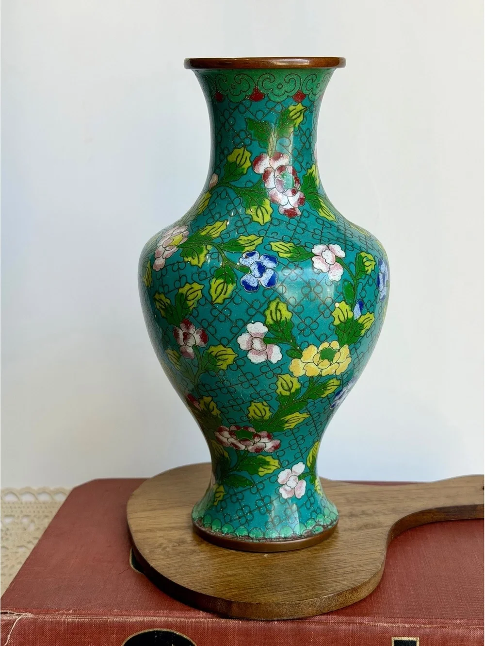 Vintage Chinese Cloisonne Enamel Vase Turquoise Floral Brass 10